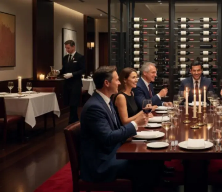 Elegáns céges vacsoraasztalok fine dining terítéssel és hangulatos megvilágítással