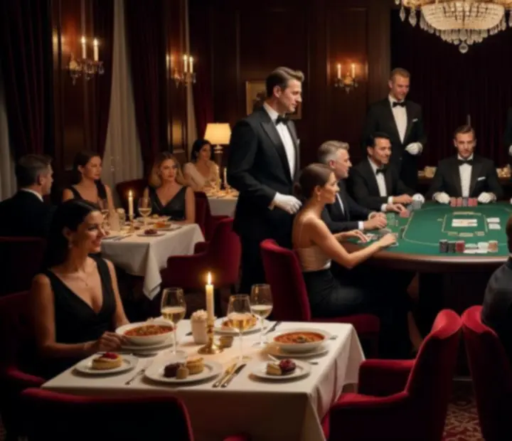 Elegáns, gyertyafényes poker lounge, ahol vendégek szimbolikus zsetonokkal, társasági hangulatban játszanak