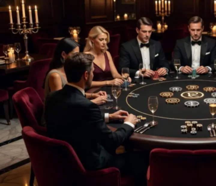 Elegáns, gyertyafényes pokerasztal szimbolikus zsetonokkal a City Program Hub éttermében