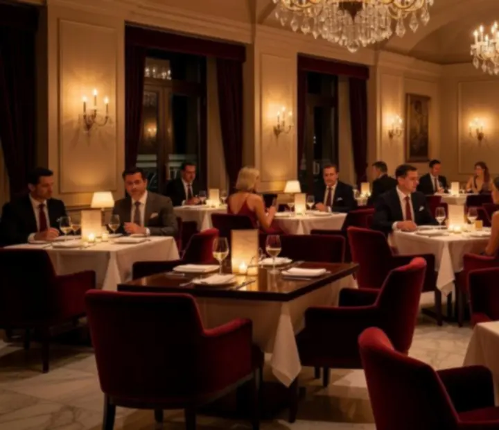 Elegáns éttermi és lounge belső, csillárokkal és bársonyos fotelekkel