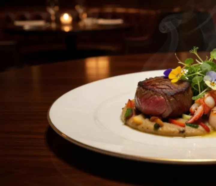 Gourmet étel elegáns tányéron, szezonális fine dining tálalással