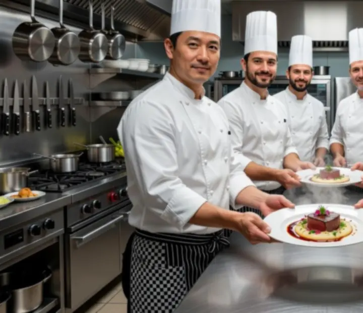 Séfcsapat művészi tálalással dolgozik egy gourmet étterem konyháján