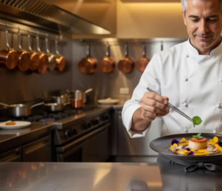 Séf portré a konyhában, fine dining tálalással